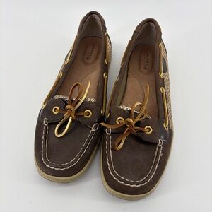Sperry Top Slider Women's Brown Boat Shoes, Gold Sparkle Glitter, Leather, Lace